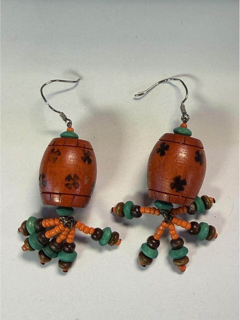 Vintage 90s Boho Wood Barrel Octopus Dangle Earrings - Beaded Tassel Drops